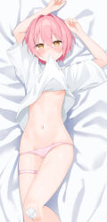 Rule 34 | 1girl, arms up, bed sheet, blush, breasts, clothes in mouth, clothes lift, commentary request, dakimakura (medium), feet out of frame, groin, hair between eyes, hair intakes, highres, hijouguti, looking at viewer, lying, mouth hold, navel, on back, orange eyes, original, panties, pink hair, pink panties, shirt in mouth, shirt lift, short hair, short sleeves, small breasts, solo, thigh strap, underwear, wide sleeves
