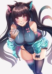 Rule 34 | 1girl, absurdres, ahoge, animal ear fluff, animal ears, aqua jacket, aqua nails, bare shoulders, black hair, black thighhighs, blue gloves, blue thighhighs, blush, bow, breasts, cat ears, cat tail, commentary, cup, disposable cup, drinking straw, english commentary, fingerless gloves, fino ko, gloves, hand on own leg, hand up, highres, holding, holding cup, indie virtual youtuber, jacket, large breasts, long hair, looking at viewer, nail polish, nyana (vtuber), off shoulder, open clothes, open jacket, pink bow, pink eyes, simple background, skindentation, slit pupils, smile, solo, standing, tail, thighhighs, thighs, twintails, unzipped, very long hair, virtual youtuber, zipper