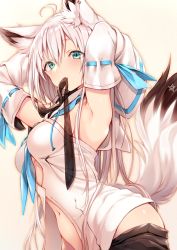 Rule 34 | 1girl, absurdres, ahoge, animal ear fluff, animal ears, aqua eyes, armpits, black shorts, braid, breasts, clothes pull, collarbone, detached sleeves, fox ears, fox girl, fox tail, hair between eyes, highres, holding, holding own hair, hololive, long hair, looking at viewer, mouth hold, navel, open mouth, ribbon, ribbon in mouth, shirakami fubuki, shirakami fubuki (1st costume), shirt, shorts, shorts pull, sleeveless, sleeveless shirt, solo, star (symbol), sukemyon, tail, virtual youtuber, white hair, white shirt