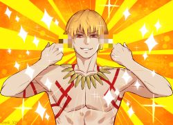 Rule 34 | 1boy, artist request, blonde hair, censored, censored gesture, double middle finger, earrings, emotional engine - full drive, fate/grand order, fate (series), gilgamesh (fate), grin, hair between eyes, hands up, highres, jewelry, looking at viewer, male focus, middle finger, mosaic censoring, muscular, necklace, parody, red eyes, shaded face, short hair, smile, sparkle, sunburst, sunburst background, tattoo, topless male, yellow background