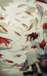 Rule 34 | 1girl, bow, brown hair, bubble, commentary request, fish, from below, geta, hair bow, highres, japanese clothes, kaname (emanalc), kimono, koi, lily pad, looking away, obi, original, perspective, ponytail, rock, sandals, sash, short hair, sidelocks, signature, sitting, solo, starfish, string, string of fate, tabi, underwater, white kimono, zouri