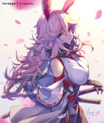Rule 34 | 1girl, animal ears, blue eyes, blurry, blurry foreground, closed mouth, commentary request, depth of field, fox ears, fox mask, gradient background, grey background, hair between eyes, hand on hilt, hong (white spider), honkai (series), honkai impact 3rd, japanese clothes, katana, kimono, long hair, looking at viewer, mask, obi, petals, pink hair, rabbit ears, sash, signature, solo, sword, very long hair, weapon, white background, white kimono, yae sakura, yae sakura (gyakushinn miko)
