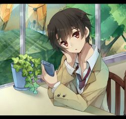 Rule 34 | 10s, 1boy, :o, aldnoah.zero, arm support, black hair, blush, brown jacket, cellphone, chair, collarbone, collared shirt, commentary request, container, expressionless, flower pot, hand on own cheek, hand on own face, head rest, head tilt, holding, holding phone, indoors, jacket, kaizuka inaho, letterboxed, long sleeves, looking at phone, male focus, mecha, necktie, open mouth, phone, plant, potted plant, red eyes, red necktie, robot, shirt, sitting, smartphone, table, tree, usamata, white shirt, window, wing collar