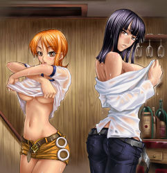 Rule 34 | 2girls, ass, bare shoulders, belt, black hair, blunt bangs, blush, bottle, breasts, brown eyes, clothes lift, cup, denim, desk, drinking glass, female focus, jeans, kagami hirotaka, large breasts, legs, long hair, looking at viewer, looking back, midriff, miniskirt, multiple girls, nami (one piece), navel, nico robin, no bra, one piece, open mouth, orange hair, pants, parted lips, pencil skirt, see-through, see-through shirt, shirt, short hair, skirt, standing, thighs, underboob, undressing, wet, wet clothes, wet shirt, wine glass