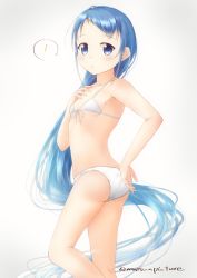 Rule 34 | !, 1girl, alternate costume, armpits, ass, bare shoulders, bikini, blue eyes, blue hair, blush, closed mouth, collarbone, cowboy shot, front-tie top, gradient hair, hair between eyes, hand on own chest, kantai collection, long hair, looking at viewer, mae (maesanpicture), multicolored hair, samidare (kancolle), simple background, solo, standing, string bikini, sweatdrop, swept bangs, swimsuit, thighs, very long hair, white background, white bikini