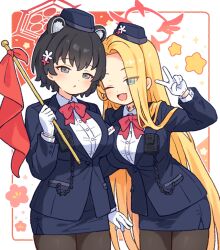 2girls animal_ears black_hair black_pantyhose blonde_hair blue_archive blue_jacket blue_skirt blush bow bowtie breasts collarbone fang flag garrison_cap gloves hair_ornament halo hat holding holding_flag jacket long_hair long_sleeves looking_at_viewer multiple_girls one_eye_closed onyhakase open_mouth pantyhose pencil_skirt pina_(blue_archive) pina_(guide)_(blue_archive) red_bow red_bowtie shirt short_hair simple_background skirt star_(symbol) tsubaki_(blue_archive) tsubaki_(guide)_(blue_archive) v very_long_hair white_gloves white_shirt