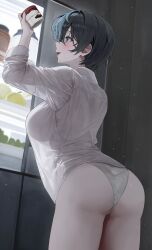 Rule 34 | + +, 1girl, absurdres, ass, black hair, blue eyes, blush, bob cut, commentary request, cowboy shot, dated, excited, food, from behind, gwan-e, haagen-dazs, highres, ice cream, ice cream cup, indoors, light particles, original, panties, profile, refrigerator, see-through, see-through shirt, see-through silhouette, shirt, short hair, silhouette, smile, solo, sparkle, underwear, white panties, white shirt