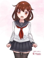 Rule 34 | 1girl, anchor symbol, black thighhighs, blue sailor collar, blue skirt, bobokuboboku, brown hair, character name, commentary request, cowboy shot, dated, hair ornament, hairclip, ikazuchi (kancolle), kantai collection, long sleeves, looking at viewer, neckerchief, pleated skirt, sailor collar, school uniform, serafuku, short hair, skirt, solo, standing, thighhighs, twitter username