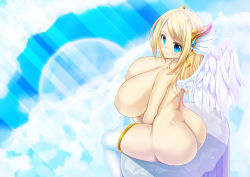 Rule 34 | 1girl, angel, angel wings, ass, bare shoulders, blonde hair, blue eyes, blush, breasts, highres, huge ass, huge breasts, large areolae, long hair, nipples, nude, original, sitting, solo, thick thighs, thighhighs, thighs, wide hips, wings, yom-kyunkyunartworks
