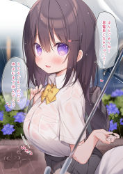 Rule 34 | 1girl, backpack, bag, black hair, black skirt, blue flower, blush, bow, bra, bra visible through clothes, breasts, collared shirt, commentary request, dress shirt, flower, grey umbrella, hair between eyes, hair ornament, hairclip, hands up, heart, heart hair ornament, highres, hisagi (puchimaple), holding, holding strap, holding umbrella, hydrangea, large breasts, looking at viewer, looking to the side, original, parted lips, pink bra, pleated skirt, puddle, purple eyes, rain, ripples, school uniform, see-through, shirt, skirt, smile, solo focus, umbrella, underwear, wet, wet clothes, wet shirt, white shirt, yellow bow