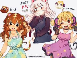 Rule 34 | 3girls, :/, :d, ;d, ahoge, animal crossing, animal ears, aqua dress, arm up, bangle (animal crossing), bare shoulders, black choker, black eyes, black gloves, black nails, blonde hair, blue dress, bracelet, breasts, brown hair, cat, cat ears, cat girl, cat tail, character name, choker, closed mouth, collarbone, colored eyelashes, dress, extra ears, eyeshadow, fingernails, gloves, hair between eyes, hair ribbon, hand in own hair, hand on own cheek, hand on own face, hand up, hands up, japanese text, jewelry, long hair, long sleeves, looking at viewer, makeup, medium breasts, mole, mole under eye, monkey, monkey ears, monkey girl, monkey tail, multicolored hair, multiple girls, nail polish, nintendo, olivia (animal crossing), one eye closed, open mouth, orange eyes, personification, pineapple print, pink dress, pink ribbon, print dress, purple eyeshadow, ribbon, short hair, simple background, sleeveless, sleeveless dress, smile, striped tail, tail, tail raised, tammi (animal crossing), teeth, tiger, tiger ears, tiger girl, tiger tail, translated, twitter username, two-tone hair, umikinoko (umitake), v, white background, white hair