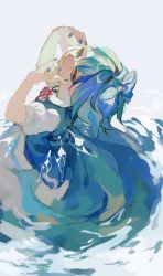 Rule 34 | 1girl, blouse, blue bow, blue dress, blue hair, blue nails, bow, cirno, collared shirt, commentary, dress, hair bow, hands on own face, hands up, highres, ice, ice wings, in water, looking up, nail polish, neck ribbon, puffy short sleeves, puffy sleeves, red ribbon, ribbon, shinjitsu no kuchi, shirt, short hair, short sleeves, solo, touhou, water, white shirt, wings