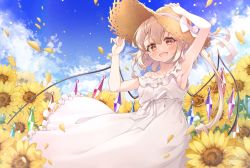 Rule 34 | 1girl, :d, absurdres, alternate costume, armpits, arms up, blonde hair, blue sky, blush, breasts, cloud, day, dress, falling petals, fang, field, flandre scarlet, flower, flower field, haruki (colorful macaron), hat, highres, looking at viewer, open mouth, outdoors, petals, red eyes, rose petals, sideboob, sky, smile, solo, straw hat, summer, sunflower, sunflower field, touhou, white dress, wings, yellow flower