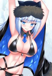 1girl animal_ears armpits arms_up bikini black_bikini black_hat black_jacket blue_eyes blush breasts cat_ears cat_girl cleavage degudoga detached_collar dobrynya_nikitich_(fate) dobrynya_nikitich_(swimsuit_lancer)_(fate) dobrynya_nikitich_(swimsuit_lancer)_(first_ascension)_(fate) fate/grand_order fate_(series) fur-trimmed_headwear fur_trim hat jacket jacket_on_shoulders large_breasts long_hair looking_at_viewer navel necktie smile solo swimsuit white_hair