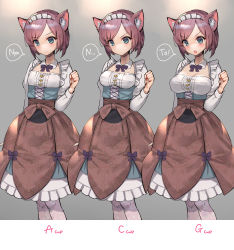 Rule 34 | 1girl, :o, animal ears, blue eyes, blush, bow, breasts, brown hair, brown skirt, cat ears, closed mouth, collar, detached collar, floral print, grey background, highres, hitowa, juliet sleeves, large breasts, long sleeves, maid headdress, medium breasts, multiple views, open mouth, original, pink thighhighs, print legwear, puffy sleeves, purple bow, shirt, short hair, simple background, skirt, small breasts, standing, thighhighs, v-shaped eyebrows, white collar, white shirt