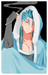 Rule 34 | 1boy, absurdres, bad id, bad twitter id, black background, blue hair, bracelet, cape, cigarette, closed mouth, collarbone, cu chulainn (caster) (fate), cu chulainn (fate), cu chulainn (fate/stay night), earrings, expressionless, fate/grand order, fate (series), fur-trimmed hood, fur trim, highres, holding, holding cigarette, hood, hood up, hooded cape, ima yonderu, jewelry, long hair, looking at viewer, male focus, red eyes, simple background, skin tight, smoke, solo, spiked hair, type-moon