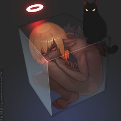 Rule 34 | 1girl, against glass, barefoot, black cat, blonde hair, box, cat, chinese text, commentary request, curled up, dark-skinned female, dark skin, ear piercing, facebook username, halo, in box, in container, looking at viewer, nude, original, piercing, pointy ears, red eyes, solo, tears, wings, zhaoyebai