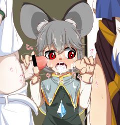Rule 34 | 3girls, animal ears, bar censor, censored, clothes lift, clothes pull, cum, cum in mouth, double handjob, epic armageddon, facial, foreskin, futa with female, futanari, grey hair, group sex, handjob, highres, kumoi ichirin, motion lines, mouse ears, mouse girl, mouse tail, multiple girls, multiple penises, murasa minamitsu, nazrin, penis, phimosis, red eyes, short hair, shorts, shorts pull, skirt, skirt lift, solo focus, tail, touhou
