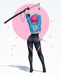 Rule 34 | 1girl, absurdres, arms up, ass, black bodysuit, black footwear, black gloves, blue jacket, bodysuit, boots, circle, clothes writing, clothing cutout, commentary, facing away, from behind, full body, gloves, half gloves, hand on own arm, highres, holding, holding sword, holding weapon, jacket, katana, legs apart, long sleeves, original, petals, pink hair, shadow, short hair, side cutout, signature, skin tight, solo, standing, string, sword, weapon, white background, yajuu (tristan maska)