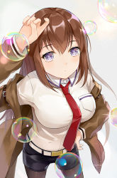 Rule 34 | 1girl, artist name, belt, blush, breasts, brown hair, bubble, collared shirt, cowboy shot, denim, denim shorts, diffraction spikes, from above, hand on own head, hand on own hip, jacket, large breasts, long hair, looking at viewer, looking up, makise kurisu, necktie, off shoulder, pantyhose, purple eyes, shirt, shorts, solo, steins;gate, tamaxi123