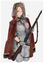 Rule 34 | 1girl, artist name, battle rifle, blush, bolt action, breasts, commission, feet out of frame, girls&#039; frontline, gloves, green eyes, gun, hairband, highres, holding, holding gun, holding weapon, jacket, jacket on shoulders, lee-enfield, lee-enfield (girls&#039; frontline), light brown hair, long hair, looking at viewer, open mouth, red jacket, rifle, skeb commission, solo, standing, sutekina awa, weapon, white background, white gloves, white uniform