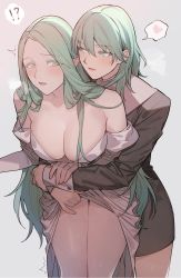 Rule 34 | !?, 2girls, blush, breasts, breath, byleth (female) (fire emblem), byleth (fire emblem), cleavage, clothes lift, commentary request, enlightened byleth (female), fire emblem, fire emblem: three houses, green eyes, green hair, grey background, hair between eyes, heart, highres, ikarin, jewelry, large breasts, lifting another&#039;s clothes, long hair, multiple girls, nintendo, parted lips, pointy ears, rhea (fire emblem), ring, simple background, spoken heart, very long hair, yuri