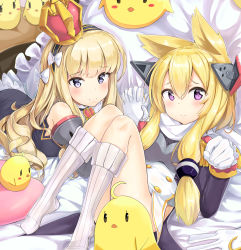 Rule 34 | 2girls, absurdres, animal ears, azur lane, bare shoulders, bed sheet, bird, black dress, black hairband, black jacket, blonde hair, blush, blush stickers, bow, breasts, closed mouth, commentary, convenient censoring, crown, detached sleeves, dress, frilled pillow, frills, gloves, hair between eyes, hair bow, hairband, hand up, hands up, headgear, highres, holding hands, interlocked fingers, j young, jacket, kneehighs, long hair, long sleeves, looking at viewer, lying, medium breasts, mini crown, multiple girls, no shoes, on back, on stomach, pillow, purple eyes, queen elizabeth (azur lane), scarf, smile, socks, striped clothes, striped hairband, thighs, very long hair, warspite (azur lane), white bow, white gloves, white legwear, white scarf