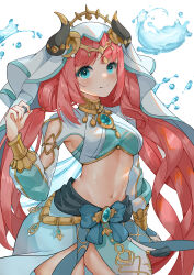 Rule 34 | 1girl, absurdres, armpit cutout, blue eyes, blue skirt, breasts, brooch, clothing cutout, commentary request, cowboy shot, crop top, fake horns, genshin impact, highres, horns, jewelry, long hair, long sleeves, looking at viewer, medium breasts, midriff, navel, neck ring, nilou (genshin impact), red hair, rlia, simple background, skirt, smile, solo, standing, stomach, thighs, veil, very long hair, white background