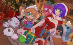 Rule 34 | 1boy, 2girls, :d, antlers, breasts, brown gloves, child, christmas, christmas present, cleavage, closed eyes, creature, doughnut, fake antlers, fireplace, food, furry, furry female, gift, gloves, green eyes, grin, hat, highres, horns, indie virtual youtuber, indoors, kneeling, medium breasts, mittens, multiple girls, open mouth, podone, pom pom (clothes), purple hair, red gloves, red skirt, red vest, santa hat, short hair, signature, skirt, smile, sparrowl, twintails, vest, virtual youtuber