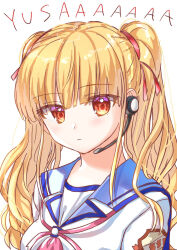 Rule 34 | 1girl, angel beats!, blonde hair, blue sailor collar, blunt bangs, character name, close-up, closed mouth, commentary request, earpiece, expressionless, eyelashes, eyes visible through hair, hair ribbon, highres, light blush, looking at viewer, neckerchief, orange eyes, pink neckerchief, red ribbon, ribbon, sailor collar, shinda sekai sensen uniform, shirt, simple background, solo, twintails, white background, white shirt, yusa (angel beats!), zuzuhashi