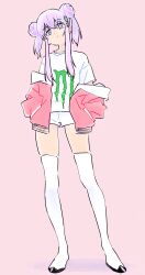 Rule 34 | 1girl, anima lyon, blue eyes, boots, closed mouth, double bun, expressionless, full body, hair bun, hair ornament, hairclip, handa shuuhei, hands in pockets, head tilt, highres, indie virtual youtuber, jacket, jacket partially removed, logo, long hair, looking at viewer, monster energy, open clothes, open jacket, pink background, print shirt, purple hair, red jacket, shirt, short shorts, short sleeves, short twintails, shorts, sidelocks, simple background, solo, standing, t-shirt, thigh boots, twintails, virtual youtuber, white footwear, white shorts