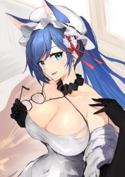 Rule 34 | animal ears, azur lane, big bad wolf, black gloves, blue eyes, blue hair, breasts, cleavage, day, dress, fangs, fox ears, fox tail, glasses, gloves, hair between eyes, hair ornament, highres, indoors, jintsuu (azur lane), jintsuu (the gray wolf&#039;s ploy) (azur lane), large breasts, long hair, looking at viewer, marshall k, moon, official alternate costume, open mouth, removing eyewear, sitting, smile, tail, white dress, window