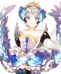Rule 34 | 1girl, bad id, bad pixiv id, bare shoulders, blue eyes, choker, chromatic aberration, crown, expressionless, grey hair, gwendolyn (odin sphere), mini crown, miniskirt, odin sphere, piyo (ppotatto), short hair, skirt, solo, thighhighs, white background, wings
