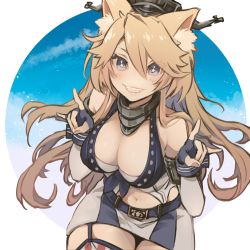 Rule 34 | 1girl, animal ear fluff, animal ears, belt, blonde hair, blue eyes, breasts, commentary request, cowboy shot, fingerless gloves, fox ears, front-tie top, garter straps, gloves, grin, headgear, iowa (kancolle), kantai collection, large breasts, leaning forward, long hair, looking at viewer, m/, miniskirt, navel, ruohire9, skirt, smile, solo, star-shaped pupils, star (symbol), striped clothes, striped skirt, striped thighhighs, symbol-shaped pupils, thighhighs, vertical-striped clothes, vertical-striped skirt, vertical-striped thighhighs