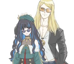 Rule 34 | 1boy, 1girl, bare shoulders, beret, black hair, black jacket, black shorts, blonde hair, blue hair, breasts, buttons, cal (onecmcubed), collarbone, colored inner hair, double-breasted, eyeliner, fate/grand order, fate (series), green headwear, green jacket, grey eyes, hat, jacket, jewelry, long hair, looking at viewer, makeup, multicolored hair, neck ring, necklace, o-ring, off shoulder, open clothes, open jacket, open mouth, round eyewear, shirt, shorts, sidelocks, small breasts, smile, sunglasses, swept bangs, tenochtitlan (fate), tenochtitlan (second ascension) (fate), tezcatlipoca (fate), wavy hair, white shirt, zipper