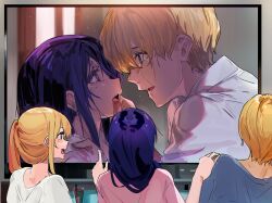 Rule 34 | 1boy, 2girls, blonde hair, blood, blood from mouth, blue eyes, blue shirt, brother and sister, commentary request, crying, crying with eyes open, eye contact, from behind, funi mu9, highres, hoshino ai (oshi no ko), hoshino aquamarine, hoshino ruby, long hair, looking at another, mother and daughter, mother and son, multiple girls, open mouth, oshi no ko, pink shirt, pointing, purple hair, shirt, short hair, siblings, side ponytail, spoilers, streaming tears, tears, twins, upper body, watching television, white shirt