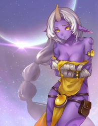 Rule 34 | 1girl, absurdres, bi ge xing, braid, breasts, colored skin, covering privates, covering breasts, full moon, highres, hooves, horns, jewelry, league of legends, long hair, looking at viewer, moon, multi-tied hair, naked tabard, parted lips, pelvic curtain, pointy ears, ponytail, purple skin, single braid, single horn, solo, soraka (league of legends), tabard, torn clothes, very long hair, wardrobe malfunction, white hair, yellow eyes