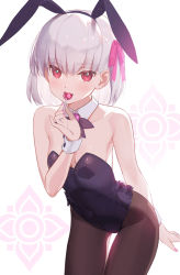 Rule 34 | animal ears, bare shoulders, breasts, cleavage, cowboy shot, detached collar, eyes visible through hair, fake animal ears, fate/grand order, fate (series), highres, kama (fate), leotard, looking at viewer, pantyhose, playboy bunny, purple hair, rabbit ears, red eyes, short hair, siino, simple background, sleeveless, smile, standing, white background, wrist cuffs