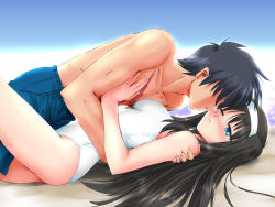 Rule 34 | 00s, 1boy, 1girl, black hair, couple, faceless, faceless male, green eyes, hairband, hand on another&#039;s chest, hetero, hug, imminent kiss, incest, one-piece swimsuit, one eye closed, scar, swimsuit, tohno akiha, tohno shiki, tsukihime, type-moon, white one-piece swimsuit, wink
