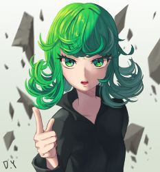 Rule 34 | 1girl, absurdres, bad id, bad pixiv id, black dress, curly hair, dress, flipped hair, green eyes, green hair, highres, hyoin, index finger raised, looking at viewer, matching hair/eyes, one-punch man, open mouth, rock, short hair, signature, solo, tatsumaki, upper body