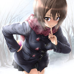 Rule 34 | 1girl, bare tree, black skirt, blush, box, breasts, brown eyes, brown hair, coat, cold, finger to mouth, gift, gift box, girls und panzer, grin, hair between eyes, heart-shaped box, large breasts, leaning forward, long sleeves, looking at viewer, nakahira guy, nishizumi maho, outdoors, scarf, short hair, skirt, smile, snowing, solo, tree, valentine, winter