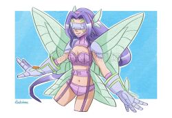 Rule 34 | butterfly wings, digimon, fairimon, gloves, insect wings, long hair, mask, purple hair, smile, wings