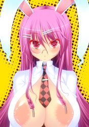 Rule 34 | 1girl, animal ears, bad id, bad pixiv id, bespectacled, braid, breasts, checkered clothes, checkered necktie, checkered neckwear, code geass, colored eyelashes, cross, female focus, geass, glasses, hair ornament, hairclip, highres, huge breasts, kirise mitsuru, large areolae, long hair, necktie, nipple slip, nipples, open clothes, open shirt, parody, purple hair, rabbit ears, red eyes, reisen udongein inaba, rimless eyewear, shirt, slit pupils, solo, touhou, upper body, white shirt, yellow background