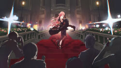 Rule 34 | 1girl, 5others, absurdres, bare shoulders, black dress, black footwear, black gloves, camera, card, closed mouth, dress, elbow gloves, flower, full body, genshin impact, gloves, high heels, highres, holding, holding camera, holding card, looking at viewer, looking back, modare, multiple others, night, outdoors, pink eyes, pink hair, red carpet, smile, solo focus, stairs, standing, yae miko