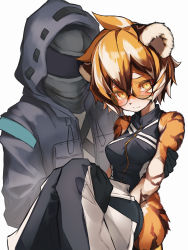 Rule 34 | 1boy, 1girl, absurdres, animal ears, arknights, bandaid, bandaid on face, black gloves, blonde hair, body fur, carrying, closed mouth, commentary request, doctor (arknights), furrification, furry, furry female, glasses, gloves, hair between eyes, highres, hood, looking at viewer, orange-tinted eyewear, orange-tinted glasses, princess carry, round eyewear, short hair, simple background, sunglasses, tab head, thick eyebrows, tiger ears, tiger stripes, tinted eyewear, waai fu (arknights), white background, yellow eyes