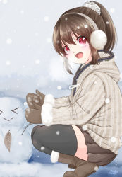Rule 34 | 10s, 1girl, boots, breath, brown footwear, brown gloves, brown hair, brown skirt, coat, commentary request, earmuffs, gloves, highres, hori yuuko, idolmaster, idolmaster cinderella girls, long hair, long sleeves, looking at viewer, mittens, open mouth, pleated skirt, ponytail, red eyes, shoes, skirt, snow, snowing, snowman, solo, sora (silent square), thighhighs, twitter username, winter, winter clothes