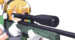 Rule 34 | 1girl, ai arctic warfare, aiming, blonde hair, bolt action, ear protection, gloves, green eyes, gun, hangaku, iris (material sniper), l96, material sniper, rifle, scope, sleeves rolled up, sniper rifle, solo, transparent background, weapon, white gloves