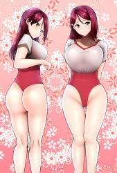 Rule 34 | 1girl, ass, bare arms, bare legs, blush, breasts, brown eyes, curvy, from behind, gym uniform, hair ornament, hairclip, hip focus, large breasts, leotard, long hair, looking at viewer, looking back, love live!, love live! sunshine!!, red hair, sakurauchi riko, shiny skin, shumichi, sideboob, smile, solo, thick thighs, thighs, wide hips