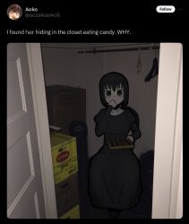Rule 34 | 1girl, black dress, black eyes, black hair, box, cardboard box, closet, clothes hanger, commentary, covered mouth, dot nose, dress, eating, english commentary, english text, fiiib, full body, highres, holding, indoors, juliet sleeves, kuonji alice, long dress, long sleeves, looking at viewer, mahou tsukai no yoru, open door, photo background, puffy sleeves, short hair, sitting, solo, type-moon