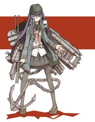 Rule 34 | 10s, 1girl, akatsuki (kancolle), akatsuki kai ni (kancolle), anchor, anchor symbol, belt, black pantyhose, blue eyes, boushi-ya, cannon, chain, eyebrows, female focus, flat cap, full body, hat, jacket, kantai collection, legs apart, light smile, loafers, long hair, looking at viewer, machinery, open clothes, open jacket, pantyhose, purple hair, red background, school uniform, searchlight, shadow, shield, shoes, skirt, solo, standing, thigh strap, torpedo, white background